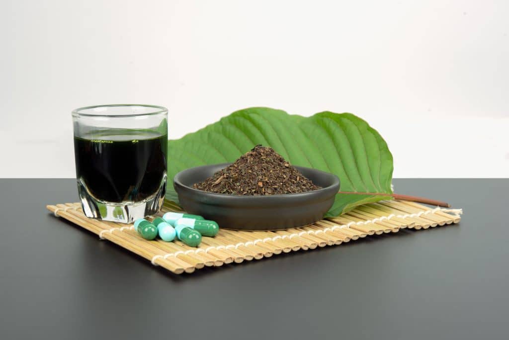 Mitragynina speciosa or Kratom leaves with powder product in white ceramic bowl and water from the extracts the kratom leaves. Supplement kratom green capsules.