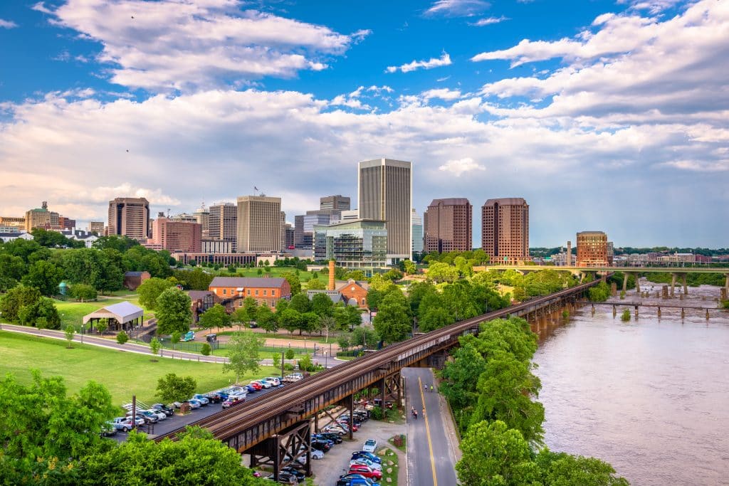 Richmond, Virginia, USA downtown skyline on the James River.