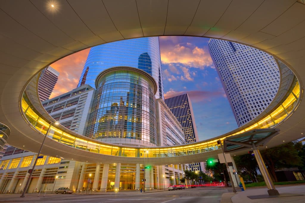 Houston Downtown sunset modern skyscrapers at Texas US USA