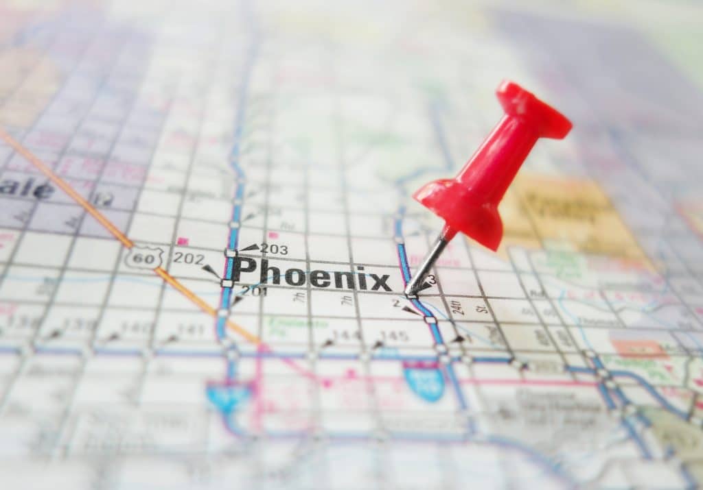 Closeup of Phoenix Arizona map with red tack