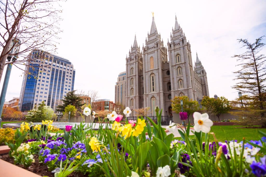 Salt Lake Temple with beautiful flowers during day time, USA