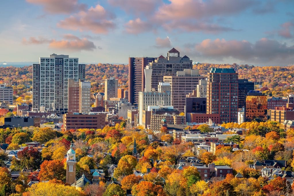 New Haven city downtown skyline cityscape of Connecticut, USA in autumn