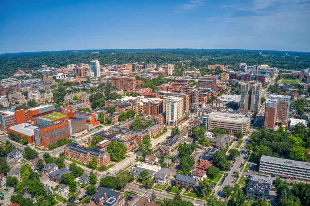 Aerial View of a large State University in Ann Arbor, Michigan