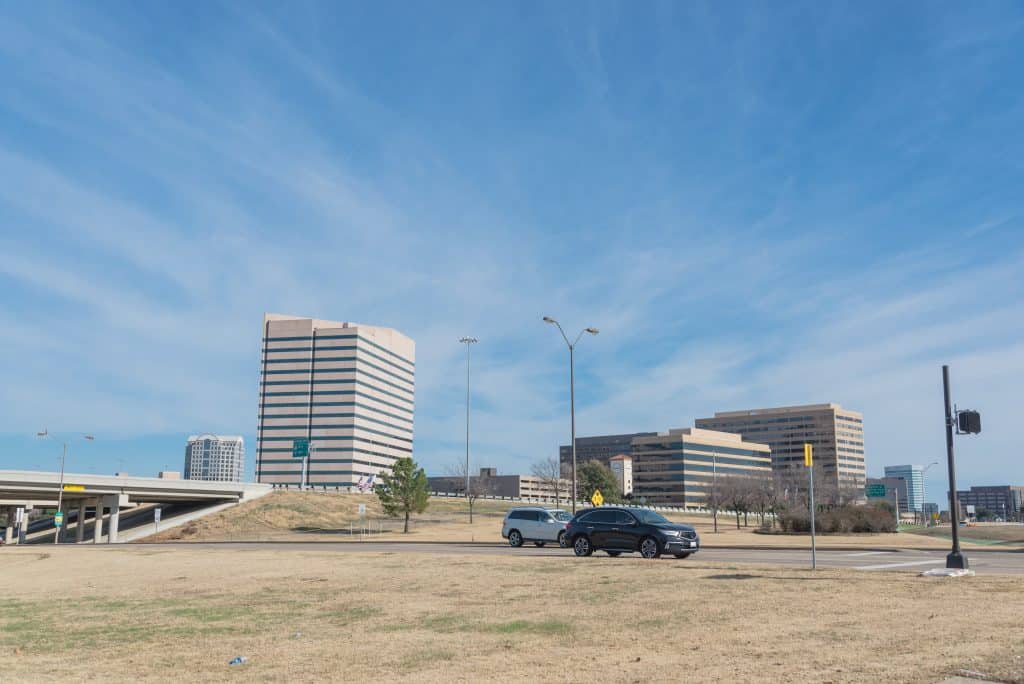 Las Colinas skyline view from John Carpenter Freeway. It is  an upscale, developed area in the Dallas suburb of Irving, Texas, USA.