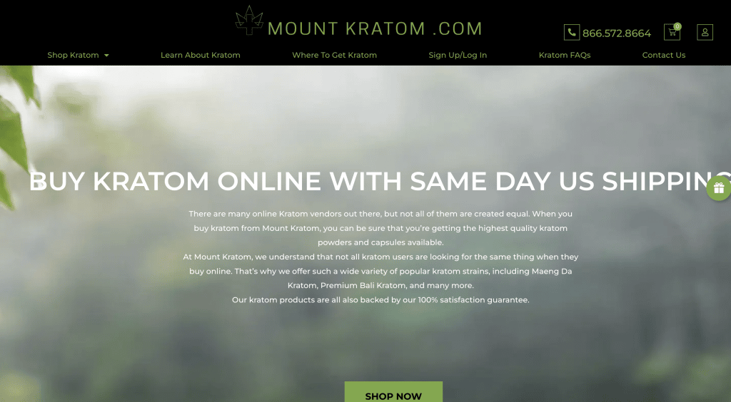 Screenshot of Mount Kratom's Landing Webpage